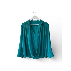 Alice+Olivia Lalita Turquoise Drape-front Silk Blend Blouse Womens Size Medium